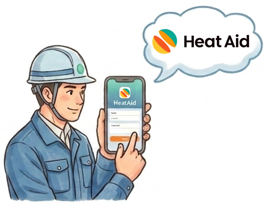 作業員がスマートフォンにHeat Aidアプリをダウンロード